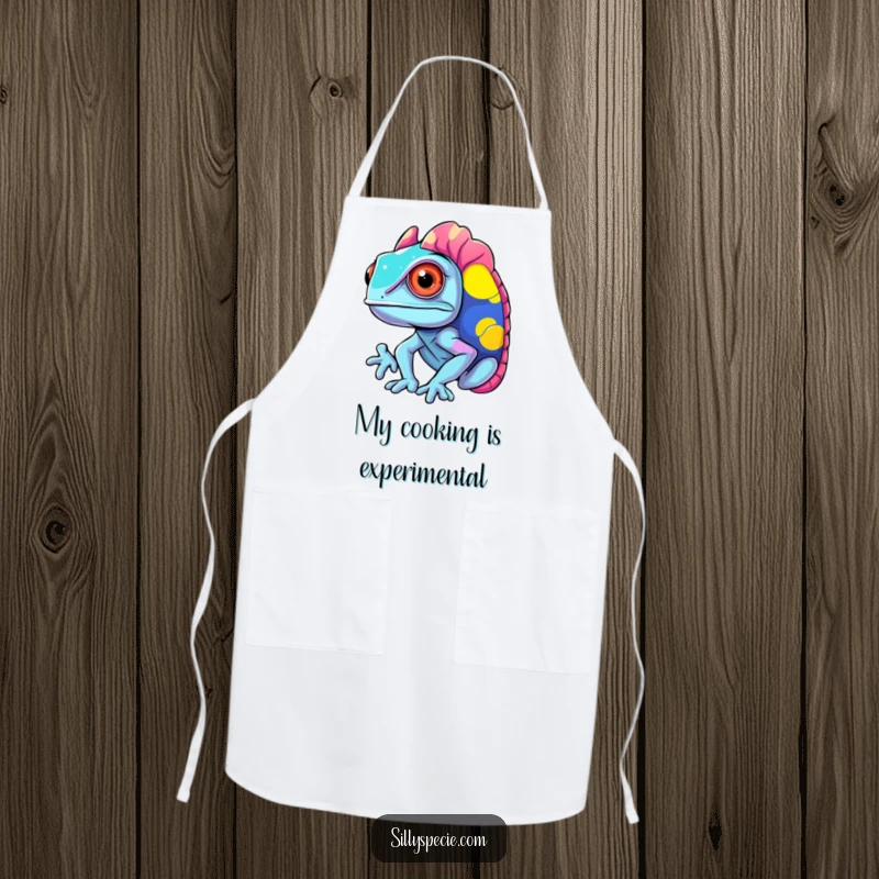 Funny Apron with a confused chameleon changing into clashing, vibrant colors, bringing color to the kitchen.