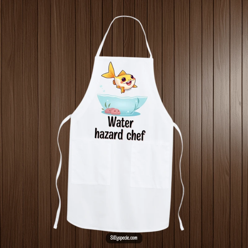 Funny Apron showing a goofy goldfish leaping high out of water in a silly arc, perfect for a humorous cooking experience.