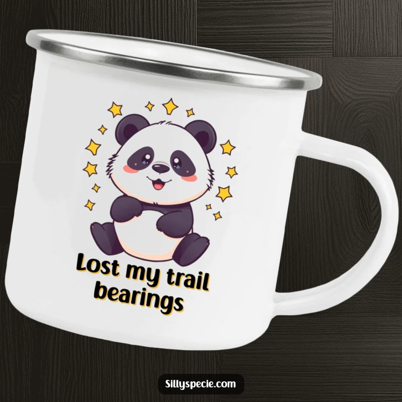 Funny Camping Mug of a dizzy panda spinning with stars circling its head, perfect for campfire laughs.