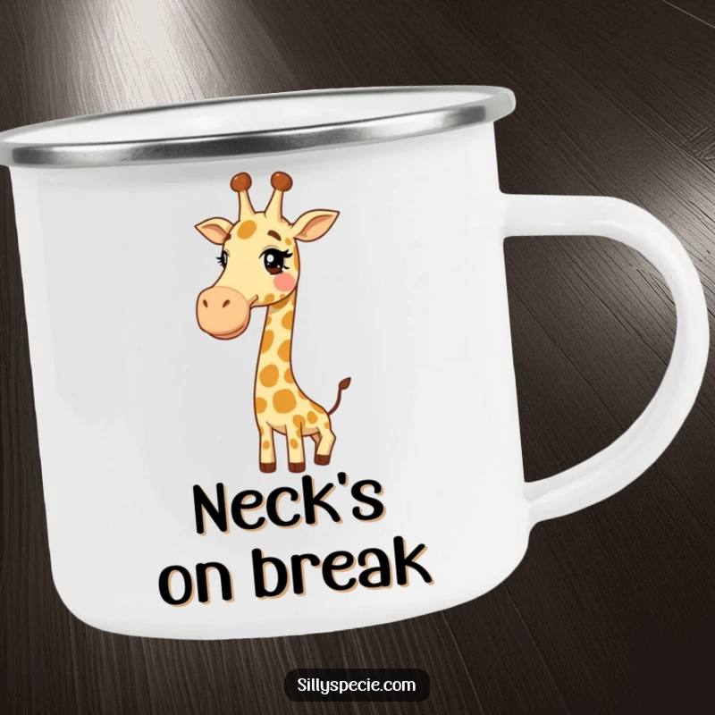 Funny Camping Mug: A giggling giraffe's long neck is tied into a funny knot, perfect for rugged, humorous outdoor use.