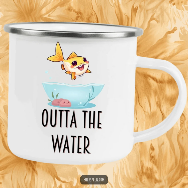 Funny Camping Mug showcasing a goofy goldfish leaping high out of water in a silly arc, perfect for outdoor fish fans.