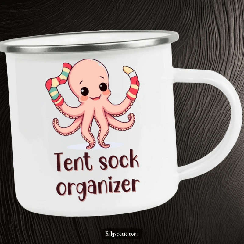 Funny Camping Mug showcasing a playful octopus juggling socks with its tentacles, perfect for outdoor enthusiasts with a sense of humor.