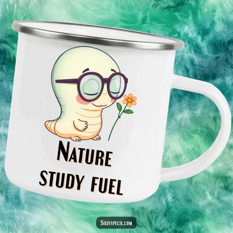 Funny Camping Mug showcasing a wiggly worm with oversized spectacles inspecting a tiny flower, perfect for outdoor nature lovers.