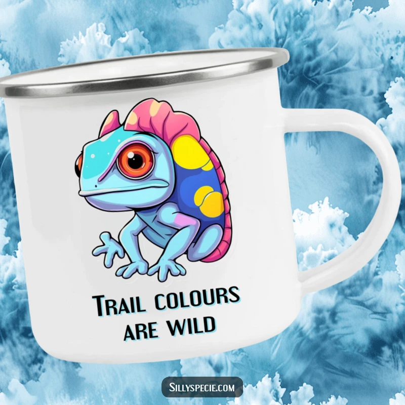 Funny Camping Mug of a confused chameleon changing into clashing, vibrant colors, perfect for colorful adventures.