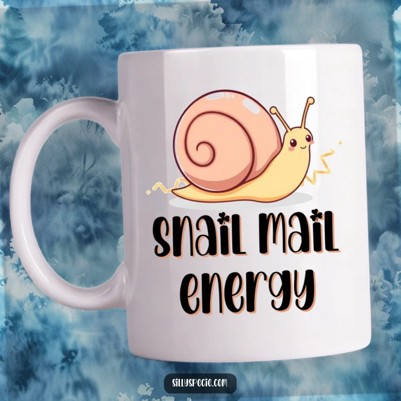 Funny Mug: An energetic snail leaves a shimmering, zig-zag trail, showcasing its extreme enthusiasm with a joyful expression.