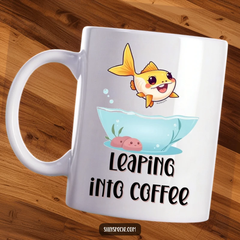 Funny Mug of a goofy goldfish leaping high out of water in a silly, exaggerated arc, looking surprisingly energetic.