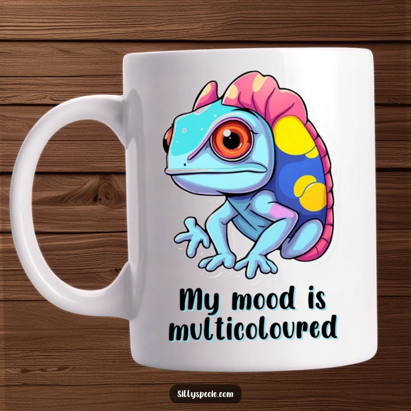 Funny Mug featuring a confused chameleon mid-transformation with clashing, vibrant colors, looking wonderfully bewildered.
