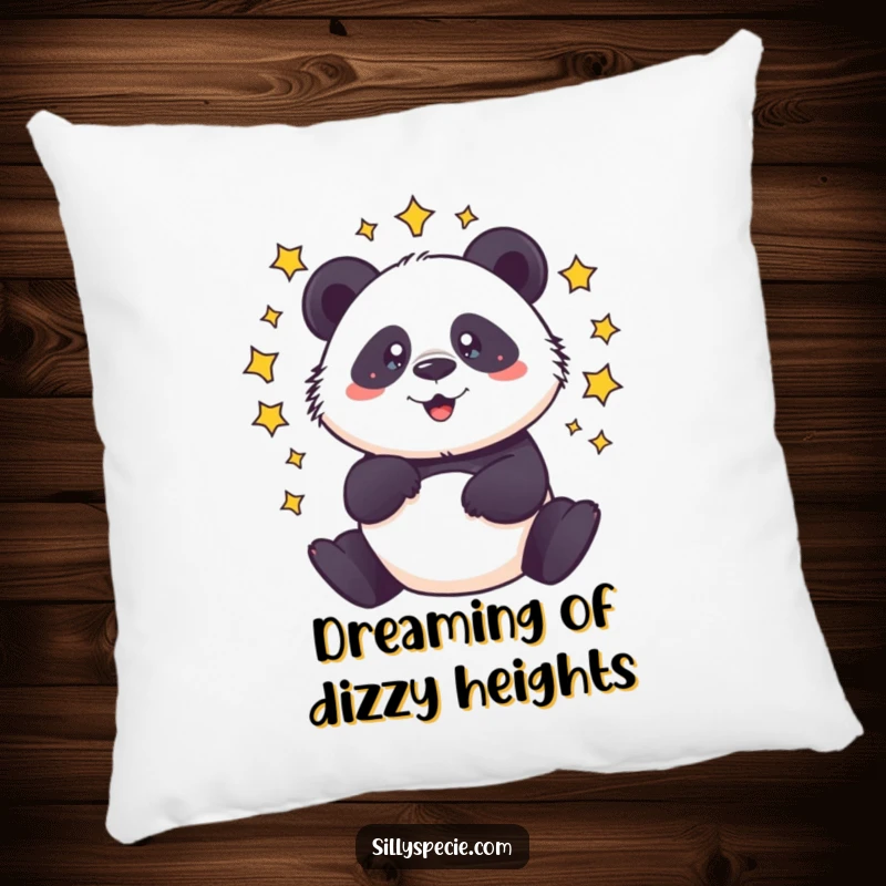 Funny Pillow featuring a dizzy panda spinning with stars circling its head, offering cozy, humorous delight.