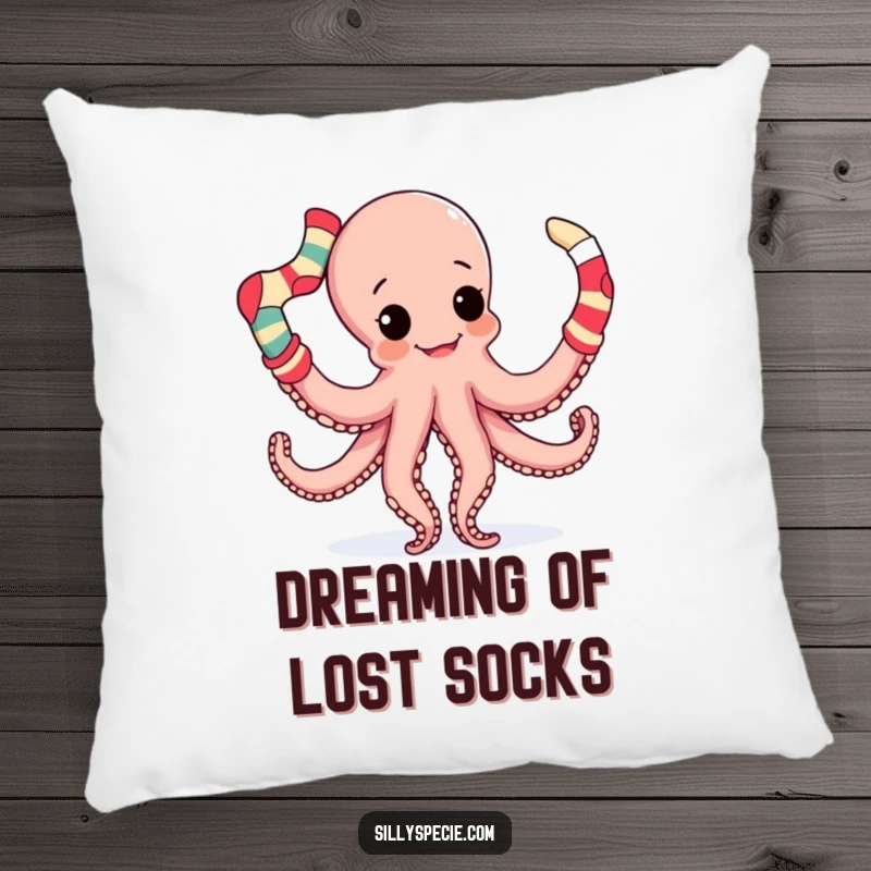 Funny Pillow designed with a playful octopus and its tentacles, hilariously juggling a variety of mismatched socks, adding humor.