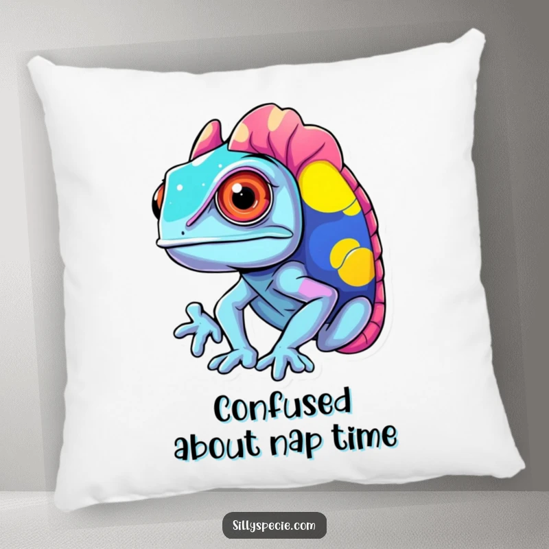 Funny Pillow featuring a confused chameleon changing into clashing, vibrant colors, offering cozy, humorous delight.
