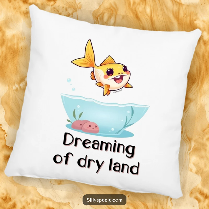 Funny Pillow designed with a goofy goldfish leaping in a silly arc out of water, bringing playful vibes.