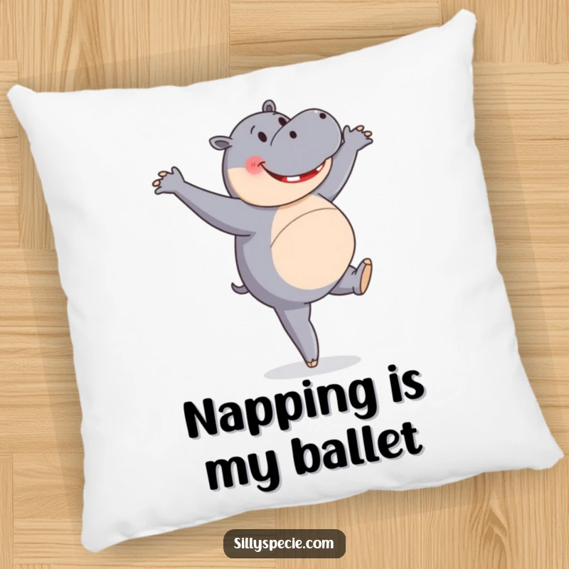 Funny Pillow designed with a happy hippopotamus attempting a ballet pirouette, bringing playful and humorous vibes.