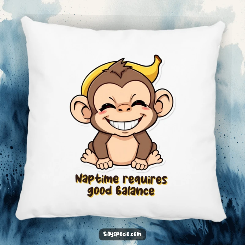 Funny Monkey Pillow with a banana peel hat and an absurd, wide grin, showcasing maximum silliness and playful jungle vibes.