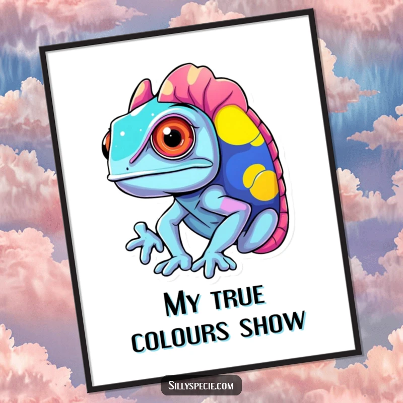 Funny Digital Art Print of a confused chameleon changing into clashing, vibrant colors, perfect for bold decor.