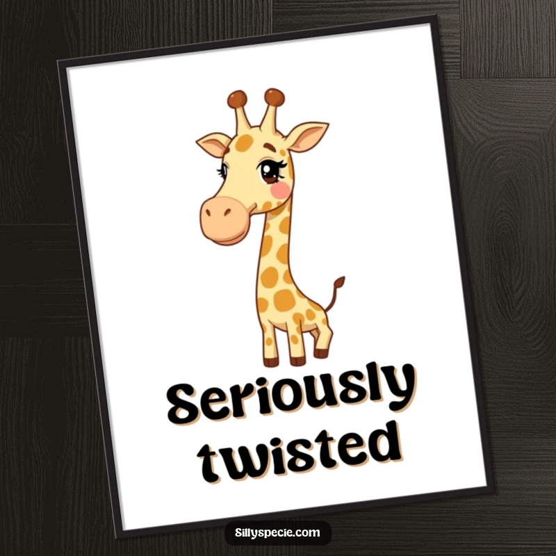 Funny Digital Art Print: A giggling giraffe humorously tied into a knot with its long neck, ready to be printed.