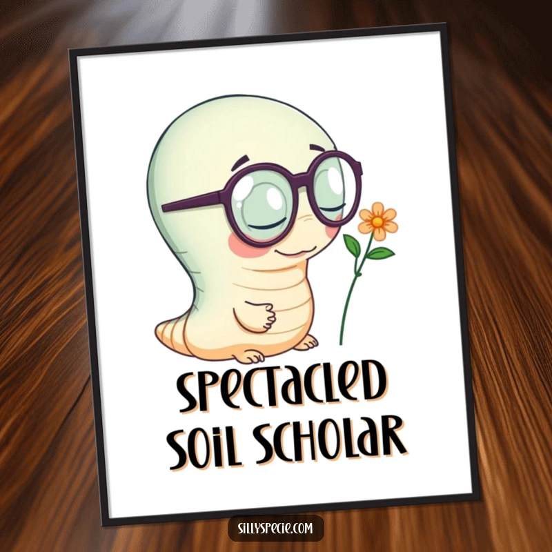 Funny Digital Art Print of a wiggly worm wearing oversized spectacles, inspecting a tiny flower, conveying gentle curiosity and fascination.