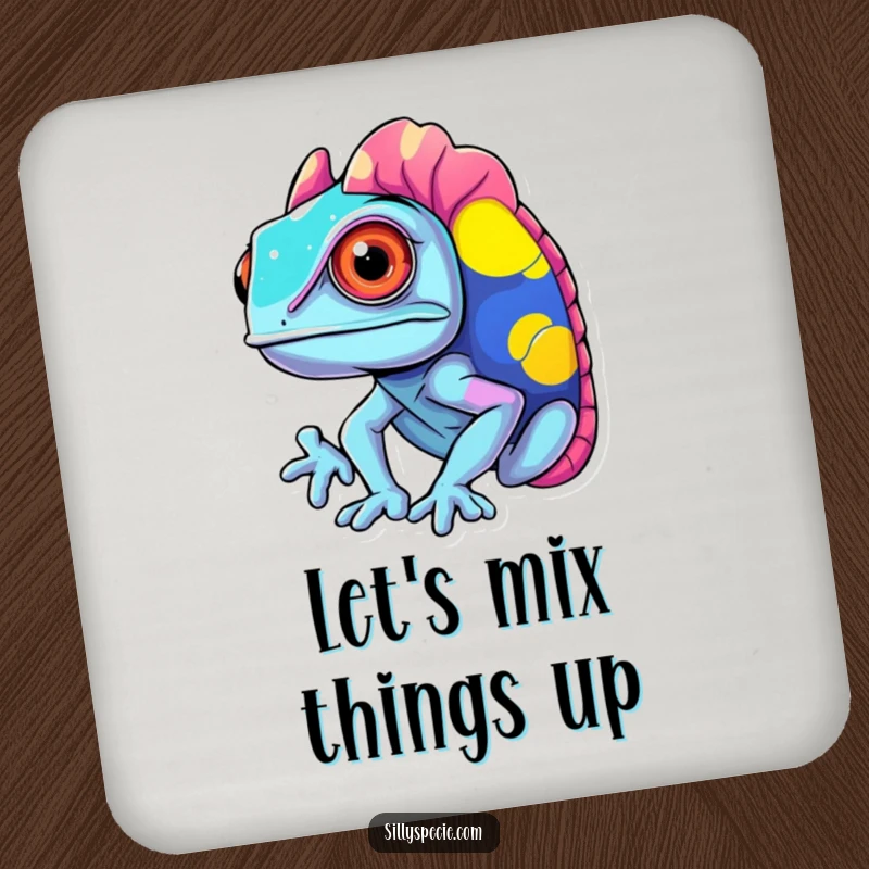 Funny Drink Coaster featuring a confused chameleon changing into clashing, vibrant colors, adding a colorful touch.