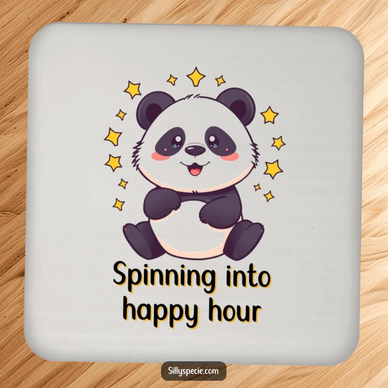 Funny Drink Coaster featuring a dizzy panda spinning with stars circling its head, adding a playful touch.