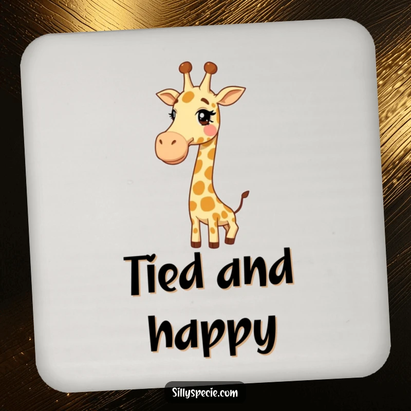 Funny Coaster: A giggling giraffe with its long neck tied into a funny knot, protecting surfaces with a comical visual.