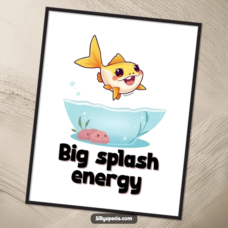 Funny Poster of a goofy goldfish leaping in a silly high arc out of the water, capturing a moment of aquatic excitement.