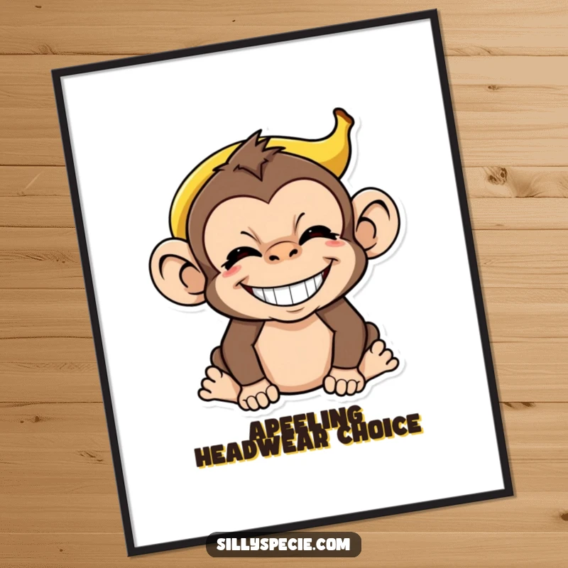 Funny Monkey Poster showing a grinning monkey with a banana peel on its head, radiating pure, comical, nonsensical joy for decor.