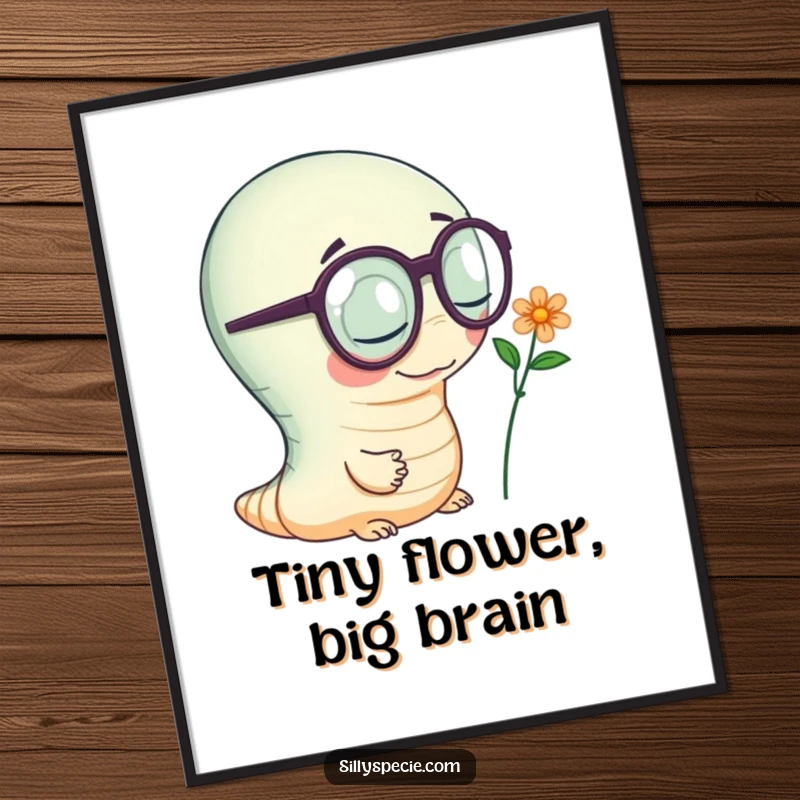 Funny Poster of a wiggly worm wearing oversized spectacles, meticulously examining a small flower, showcasing a keen interest.