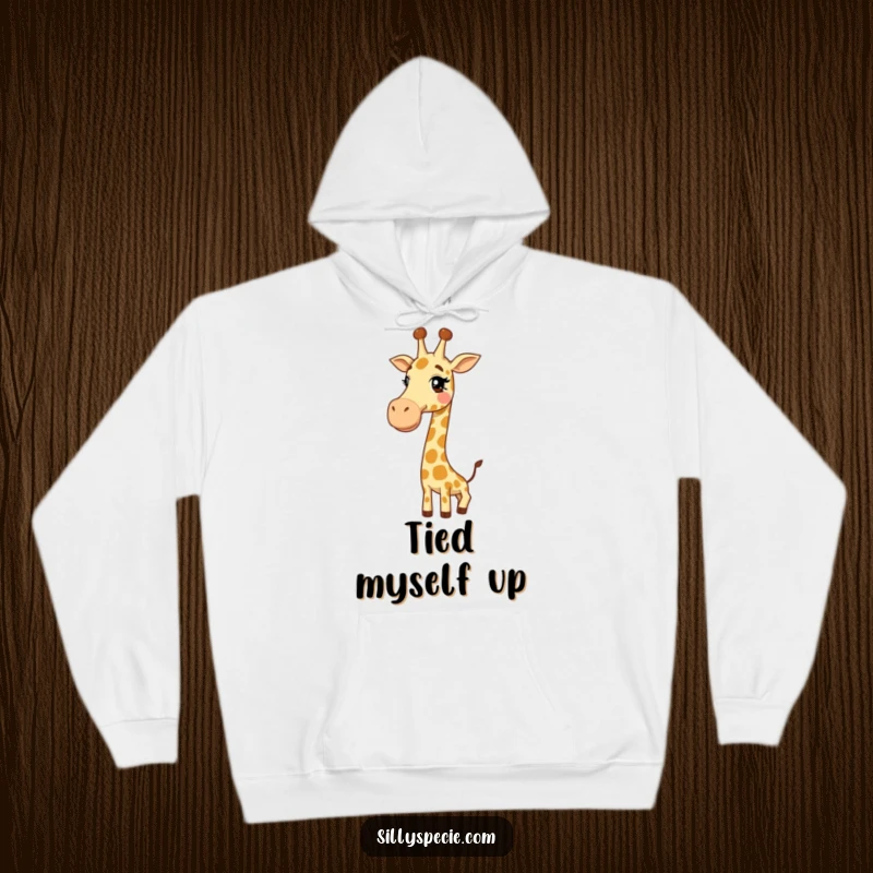 Funny Hoodie: A cheerful giraffe has tied its extremely long neck into a comical knot, looking utterly amused and cozy.