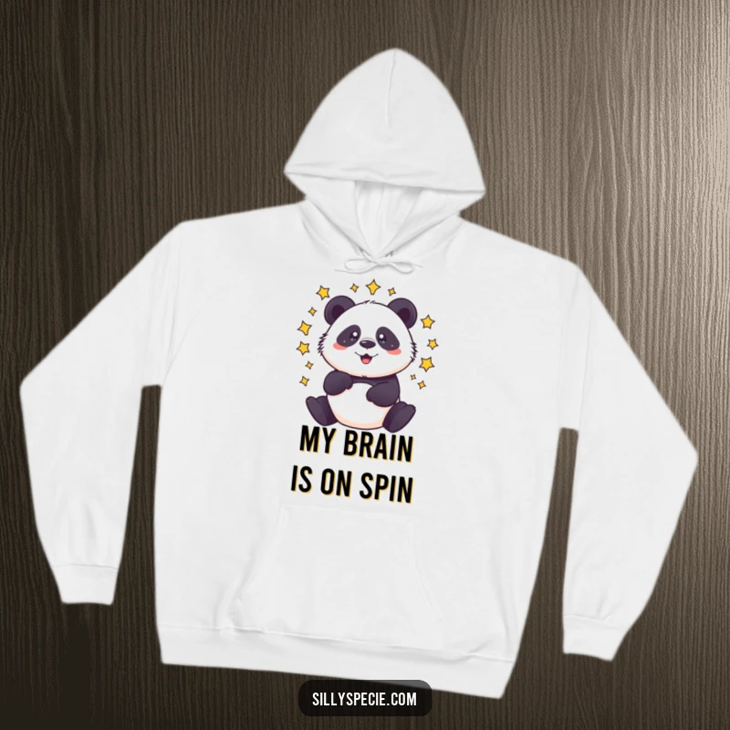 Funny Hoodie featuring a dizzy panda spinning with stars circling its head, offering cozy, humorous vibes.