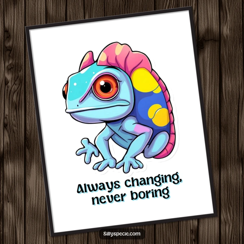 Funny Free Printable Wall Art of a confused chameleon rapidly changing to clashing, vibrant colors, creating a psychedelic effect.