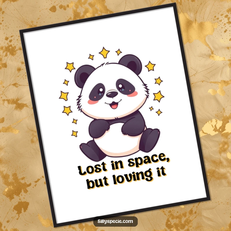 Funny Free Printable Wall Art of a dizzy panda spinning with stars circling its head, creating a sense of playful disorientation.