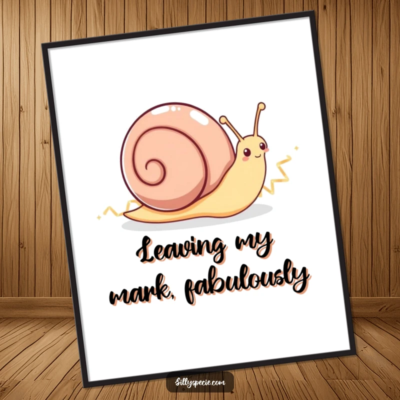 Funny Free Printable Wall Art: An overly enthusiastic snail speeds across the canvas, leaving a vibrant, sparkling zig-zag trail, download for your wall.