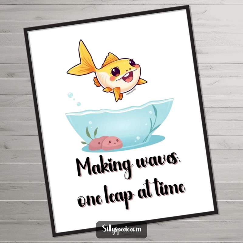 Funny Free Printable Wall Art depicting a goofy goldfish leaping high out of the water in a silly arc.