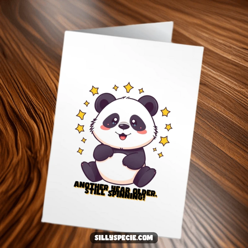 Funny Free Printable Birthday Card: a dizzy panda spins with stars circling its head, celebrating a chaotic birthday.