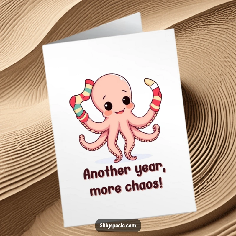 Funny Free Printable Birthday Card of an octopus playfully juggling mismatched socks with all its tentacles.