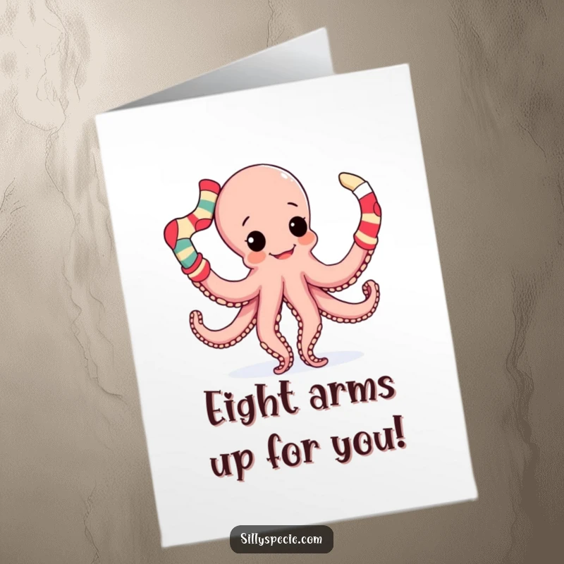 Funny Free Printable Congratulations Card showing a playful octopus expertly juggling mismatched socks with its many tentacles.