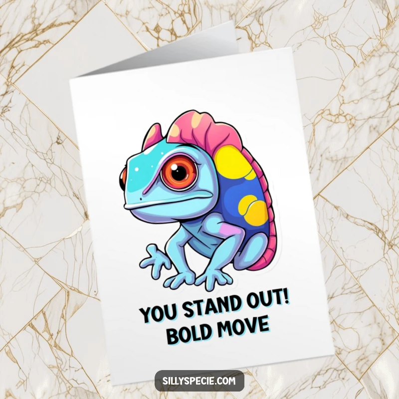 Funny Free Printable Congratulations Card: a confused chameleon displays clashing vibrant colors, celebrating a remarkable achievement.