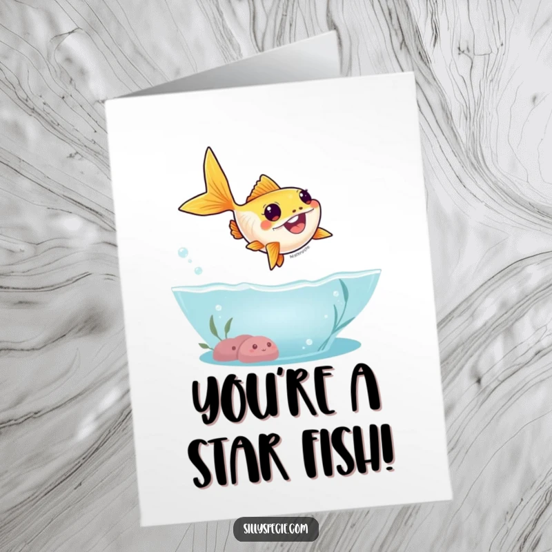 Funny Free Printable Congratulations Card featuring a goofy goldfish making a silly leap out of the water.