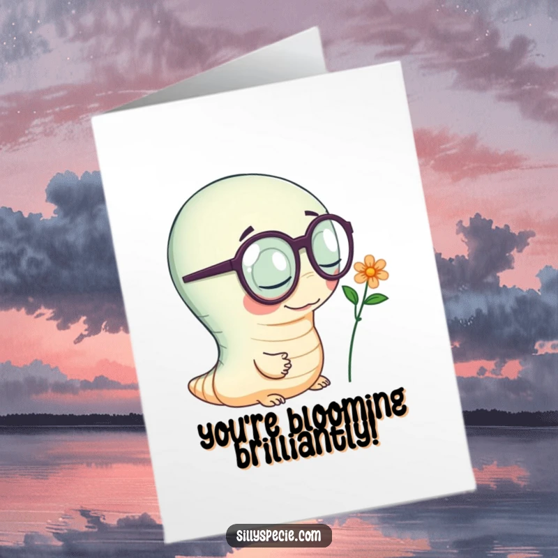 Funny Free Printable Congratulations Card showing a wiggly worm in big glasses examining a small flower.