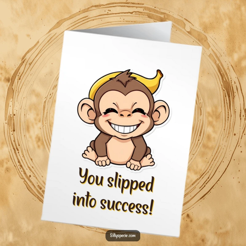 Funny Free Printable Congrats Card: Monkey wearing a banana peel like a hat, looking goofy and successful.