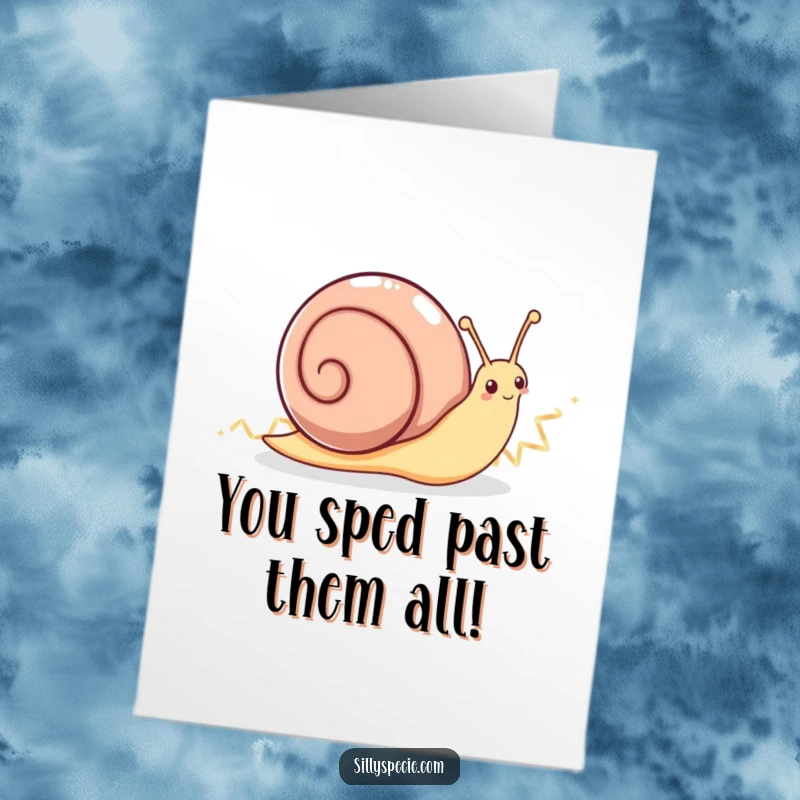 Funny Free Printable Congratulations Card: An enthusiastic snail zooms by leaving a sparkling zig-zag trail, celebrating an awesome accomplishment, print now.