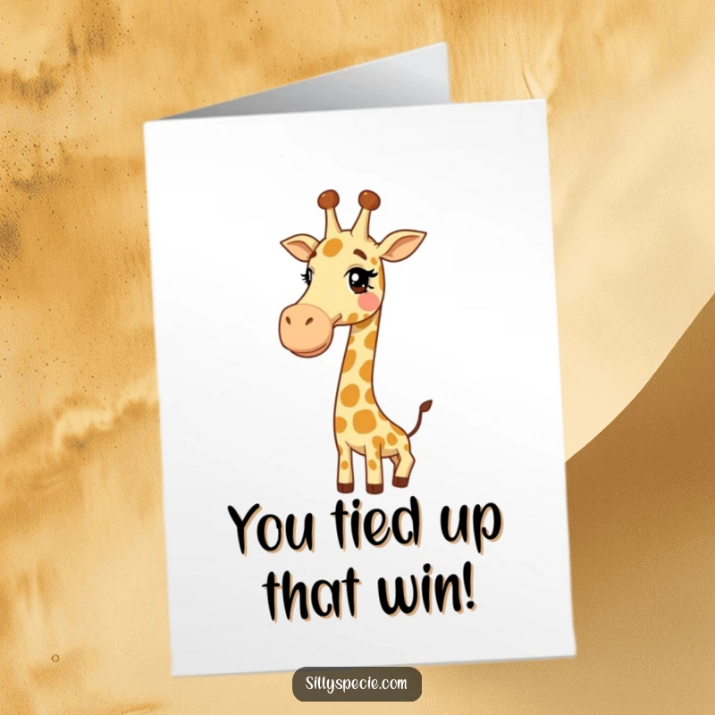 Funny Free Printable Congratulations Card: A giggly giraffe with its long neck tied in a knot, expressing over-the-top congratulations, print at home.