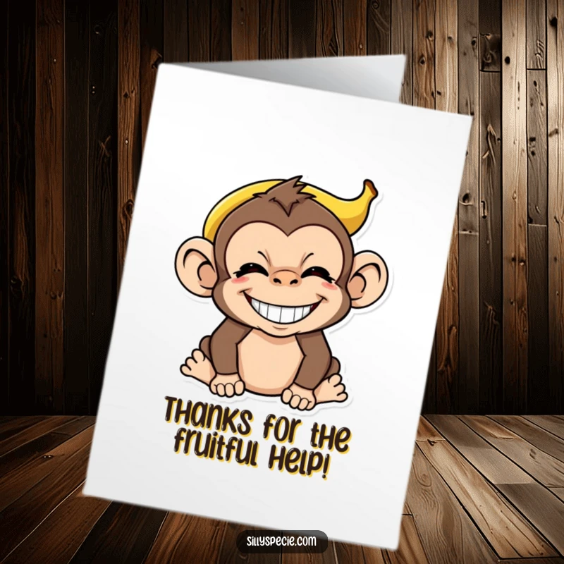 Funny Free Printable Thank You Card: Monkey with a banana peel on its head, offering thanks with a cheeky grin.