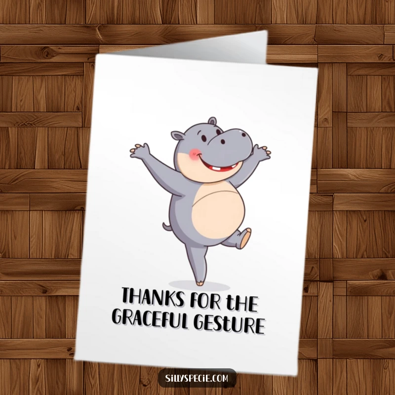Funny Free Printable Thank You Card featuring a happy hippopotamus attempting a ballet pirouette with charming effort.