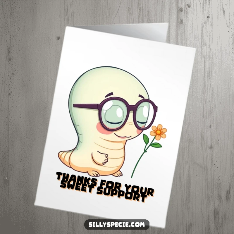 Funny Free Printable Thank You Card of a wiggly worm wearing large spectacles, inspecting a tiny flower closely.