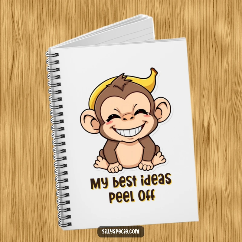 Funny Monkey Notebook cover with an absurdly grinning monkey wearing a banana peel hat, ideal for jotting down funny thoughts.