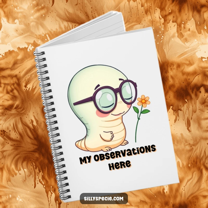 Funny Notebook cover featuring a wiggly worm wearing oversized spectacles, inspecting a tiny flower, ideal for jotting down discoveries.