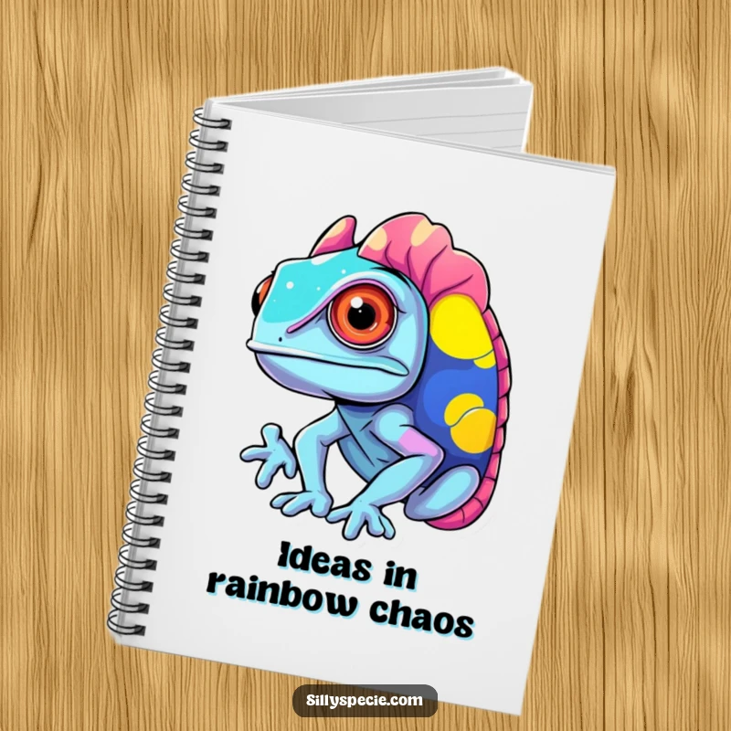 Funny Notebook featuring a confused chameleon changing into clashing, vibrant colors, perfect for creative journaling.