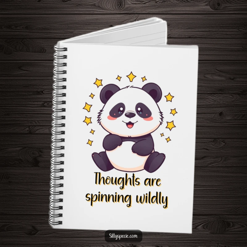 Funny Notebook featuring a dizzy panda spinning with stars circling its head, perfect for jotting down ideas.
