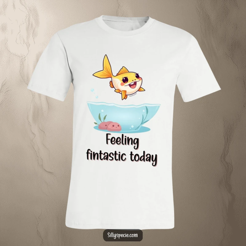 Funny T-Shirt depicting a goofy goldfish executing a silly, high arc as it leaps out of the water, expressing joy.