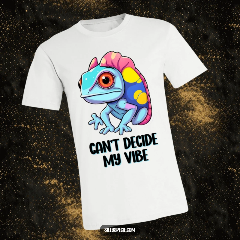 Funny T-Shirt displaying a confused chameleon in the process of changing to clashing, vibrant colors.